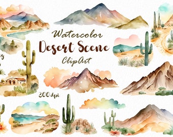 Watercolor Desert Clipart: PNG files Cactus Illustrations & Mountain Scenery for Southwest-Inspired Designs - Digital Download