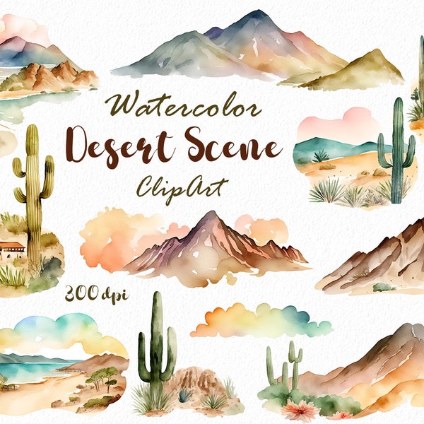 Aquarell Wüste Clipart: PNG Dateien Kaktus Illustrationen & Berglandschaft für Southwest-inspirierte Designs - Digitaler Download