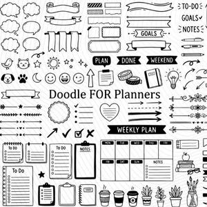 Pode incluir: Elementos de doodle em preto e branco para planejadores, incluindo banners, balões de fala, listas de tarefas e layouts de planos semanais. A imagem também apresenta relógios, setas e elementos decorativos. O texto inclui "Doodle FOR Planners" e os dias da semana.