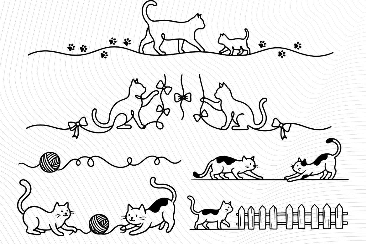 Doodle Cat Divider Clipart SVG Bundle, Kitten Line Art (commercial Use ...