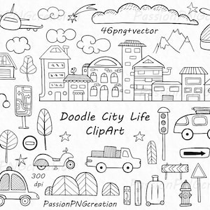 Könnte beinhalten: Schwarzweißes Doodle-Clipart-Set mit Elementen des Stadtlebens, darunter Gebäude, Autos, ein Hubschrauber, ein Fahrrad, Bäume, ein Stoppschild, eine Ampel und eine Straße. Der Text "Doodle City Life ClipArt" ist im Bild enthalten.