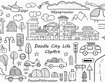 Doodle City Life ClipArt, hand drawn houses illustration, trees, cars, png, eps, Ai, vector, For personal and comercial use