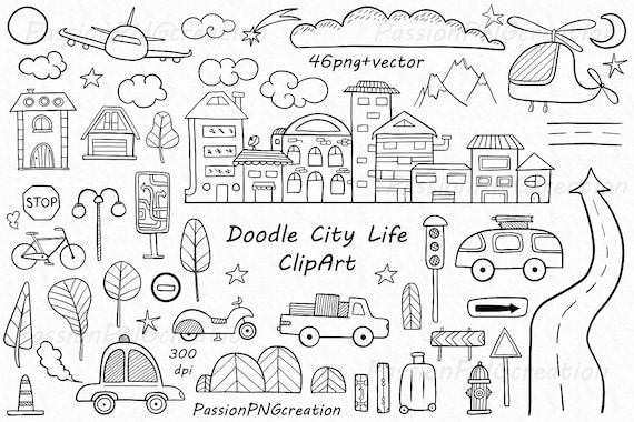 Doodle City Life ClipArt hand getekende huizen illustratie bomen auto s png eps Ai vector Voor persoonlijk en comercial gebruik