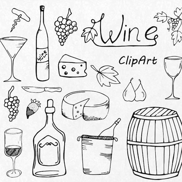 Hand Drawn Wine clipart, wine glass clipart, PNG, AI, EPS, vector, toasting glasses, grape and cheese, Personal and Commercial Use