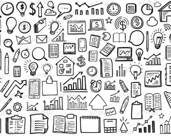Clipart zakelijke doodle pictogrammen: financiële vectorafbeeldingen (digitale download)