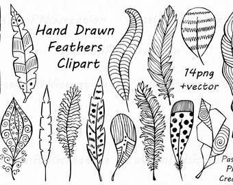 Hand Drawn Feathers Clipart: Doodle Feather Graphics (PNG, EPS)