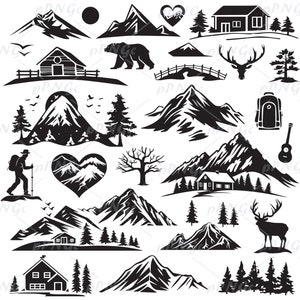 May include: A collection of black and white mountain, forest, and cabin illustrations. The illustrations include a heart-shaped mountain, a cabin with a chimney, a deer, a bear, a backpack, a guitar, and a bridge.