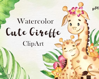 Giraffe clipart. Watercolor Giraffe clip art, Giraffe Mather, Safari Baby, cute tropical giraffe, instant download, baby shower