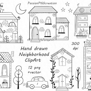 Clipart quartier dessiné à la main numérique, png, vecteur, clipart maisons doodle, fond transparent, pour un usage personnel et commercial