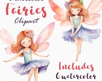 May include: Watercolor clipart of six fairies with wings, flowers, and flowing dresses. The fairies have long hair and are wearing floral crowns. The background is white.