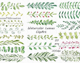 Watercolor leaves clipart, watercolour leafs, branches, png, transparent background, leafs, floral clipart, Personal and Commercial Use