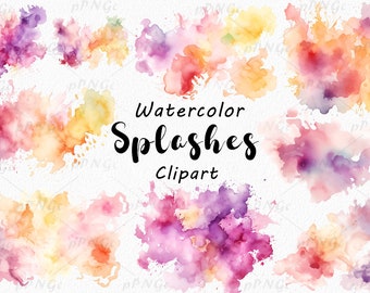 Vibrant Watercolor Splashes Clipart Set, Splash, PNG Commercial Use, Instant Download