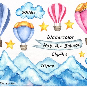 Watercolor Hot Air Balloon Clipart, PNG, Card making, Digital watercolor clip art, Mountain, For Personal and Commercial use
