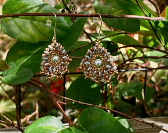 Gray Brown and Gold Glass Bead and Crystal Drop Earrings