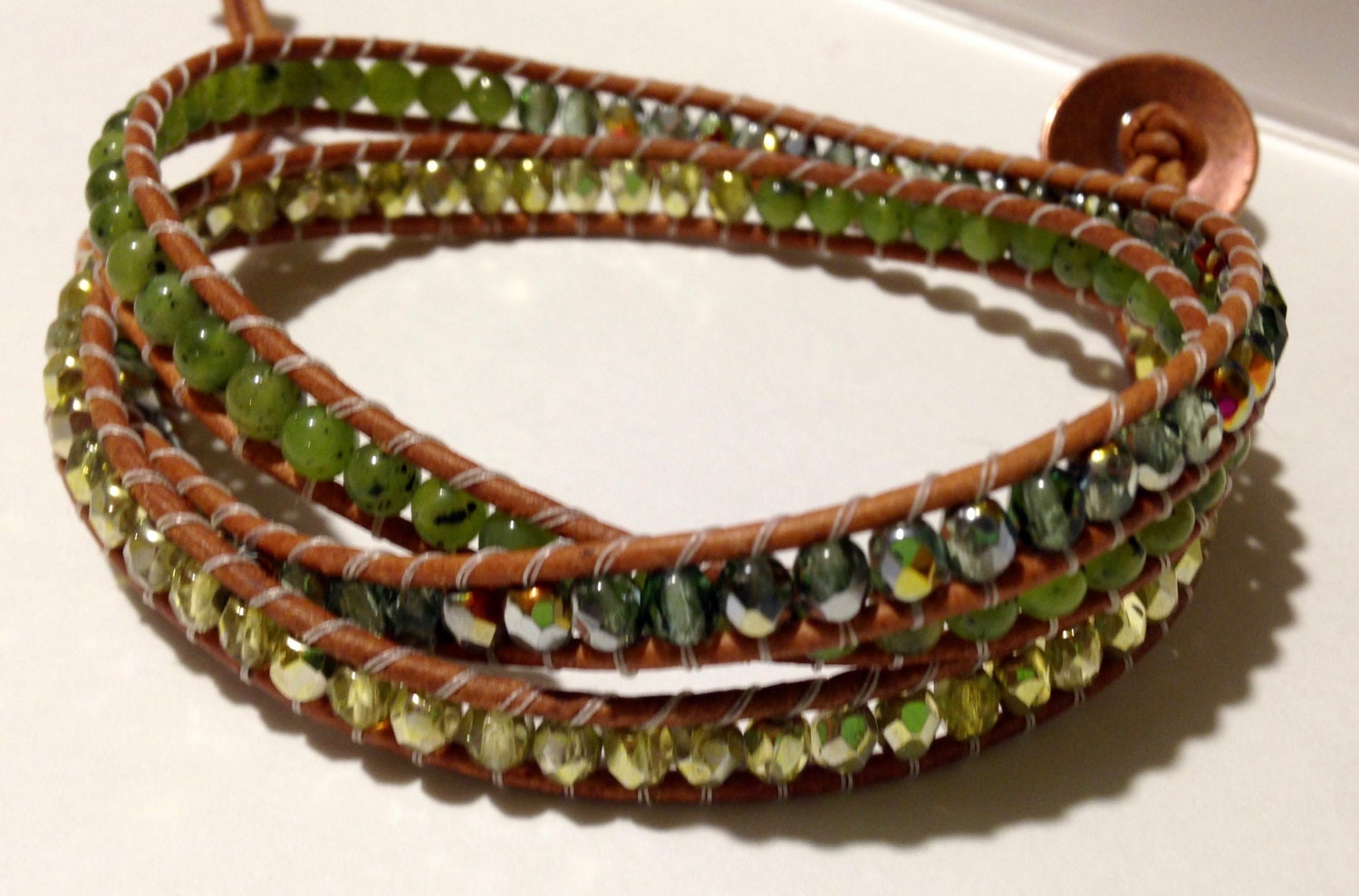 Jade Stone and Green Glass Bead Leather Triple Wrap Bracelet - Etsy