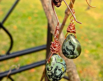Copper Wire Wrapped Green Swirl Picasso Finish Glass Teardrop Dangle Earrings