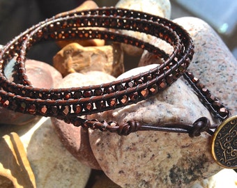 Bohemian Triple Wrap Bracelet Made With Small Brown Bronze Color Glass Beads and Brass Plated Button on Thin Leather