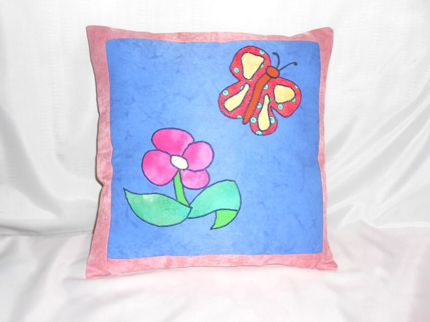 Coussin d'application, Coussin Fait à La Main, Bleu, de Fleur, Papillon, Bouton Fixation