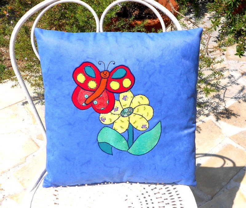 Coussin Fait à La Main, Coussin d'application, Bleu, Papillon, de Fleurs, Oreiller d'application