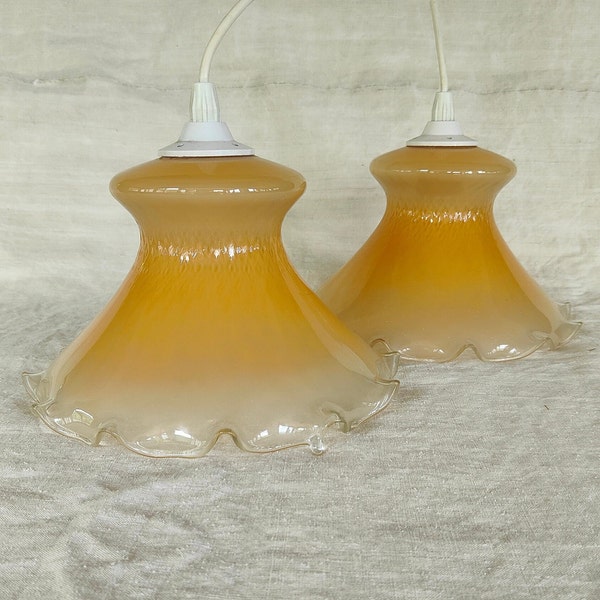 Pair of Vintage Glass Pendant Lampshades Caramel & Clear Colour 1960s Mid Century Suspension