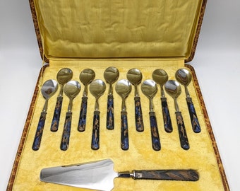 Stylish Art Deco French Boxed Set: 12 Stainless Steel Cake Spoons & Knife Server Coloured Bakelite Handles , circa 1930s