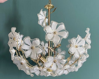 Pretty Vintage Mid Century White Flower Chandelier Ceiling Pendant Lamp 1970s