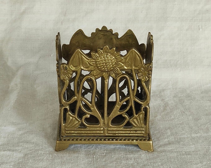 Vintage Brass Pen Holder, Art Nouveau Sunflower, Pencil Pot Holder