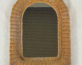 1970s French Vintage Small Wicker / Rattan Framed Mirror Natural Colour Basket weave Texture