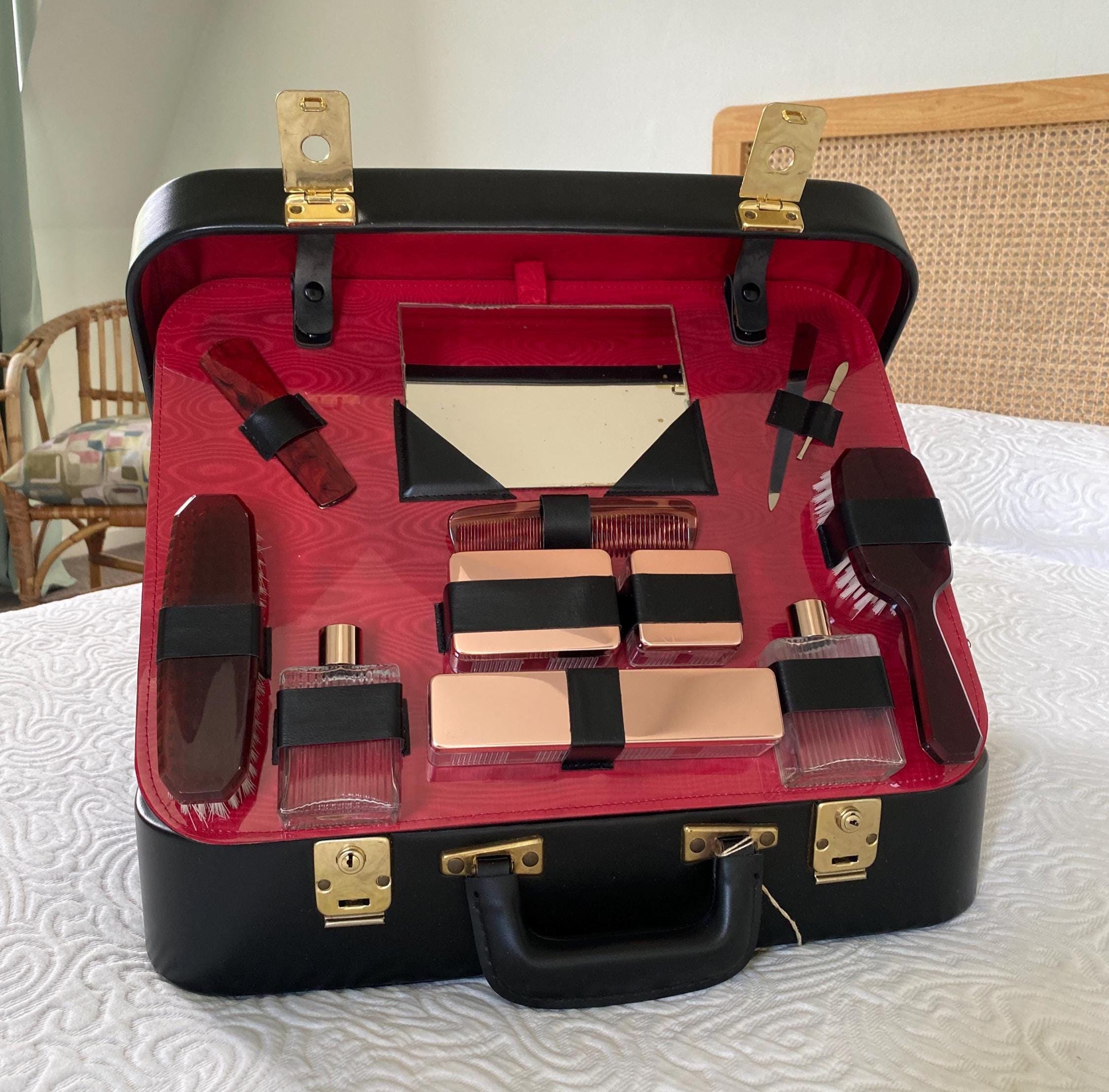 Vintage 1950s Black & Red Vanity Case | Retro Travel Case with Brushes, Jars, Mirror | Mid-Century Beauty Set With Keys
