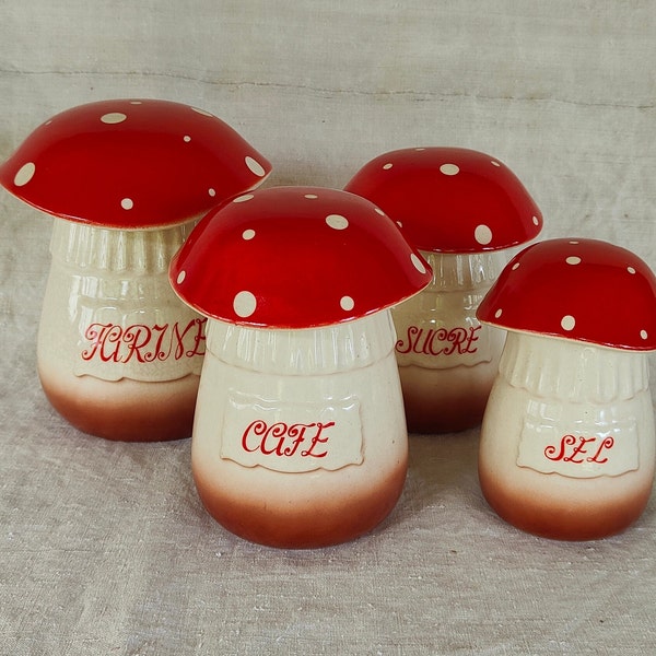 4 Vintage French Ceramic Mushroom / Toadstool Kitchen Storage Canisters Kitchen Decoration