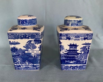 Antique Pair of Blue Willow Tea Caddies by Ringtons Merchants - Vintage Oriental Scene