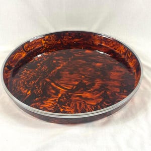 Midcentury Modern Large Circular Faux Tortoiseshell Lucite Serving Tray – Vintage Retro Bar Decor