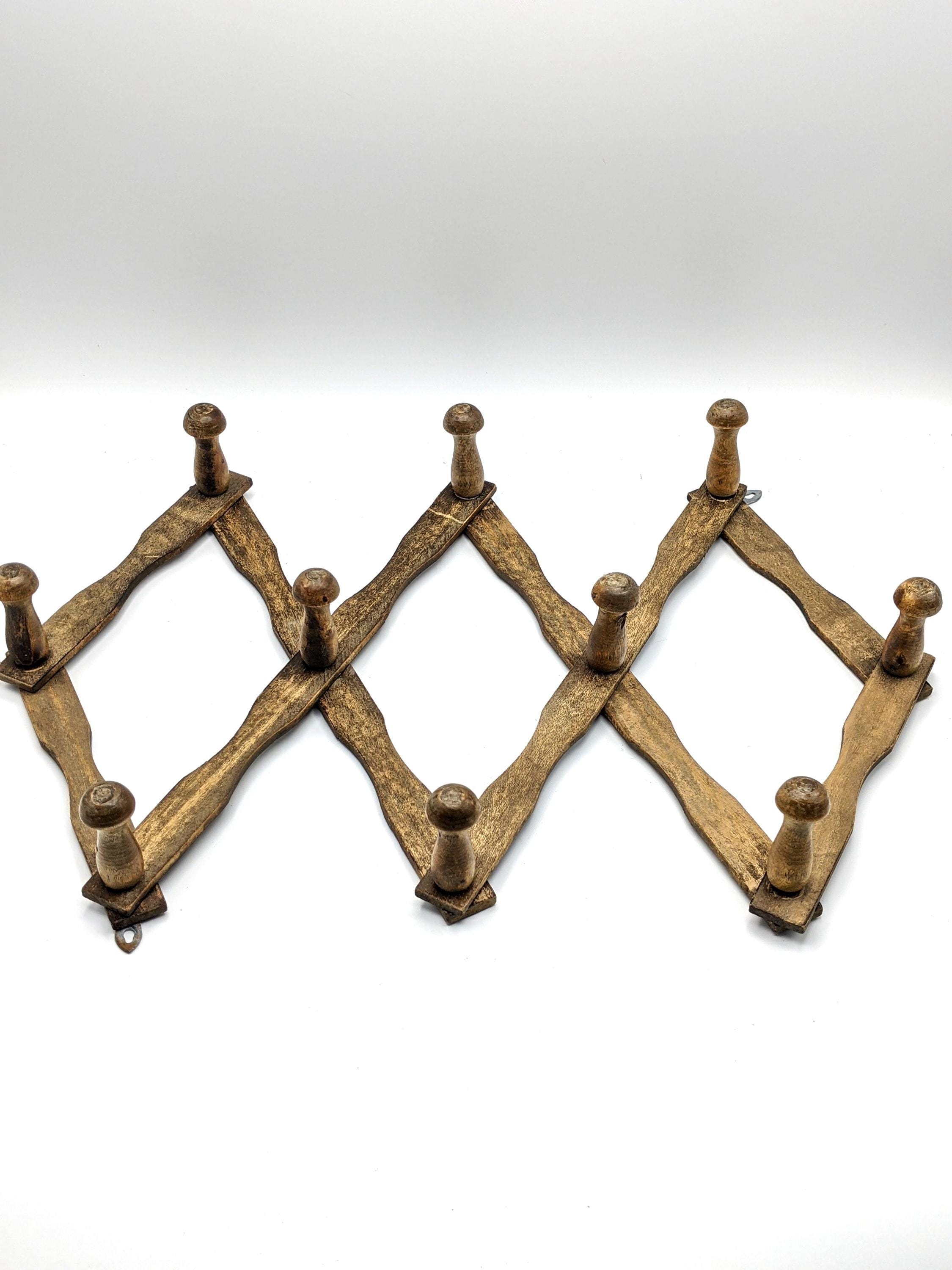 Vintage Wooden Accordion Coat & Hat Rack 1970s Rustic Home Decor