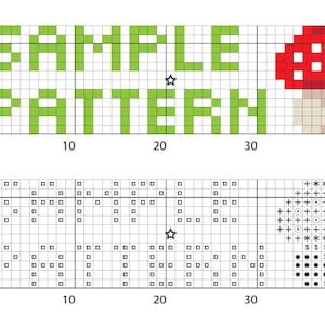 May include: A green cross-stitch pattern with the text "SAMPLE PATTERN" and a red and white mushroom with a beige stem.