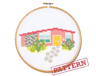 Mid-Century Modern Pink Palm Springs Ranch House Cross Stitch Pattern