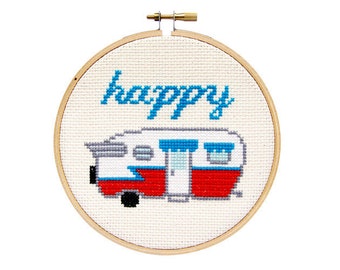Happy Camper Vintage Trailer Modern Cross Stitch Pattern