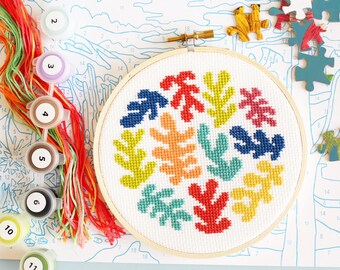 Coral Confetti Matisse inspired Abstract Botanical Cross Stitch Pattern