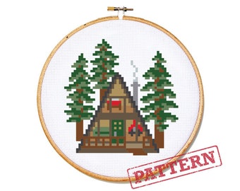 A-Frame Cabin in the Woods Cross Stitch Pattern
