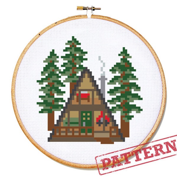 A-Frame Cabin in the Woods Cross Stitch Pattern