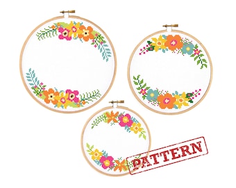 Flower Wreath Cross Stitch Patterns - Set of 3 Cross Stitch Floral Border Patterns
