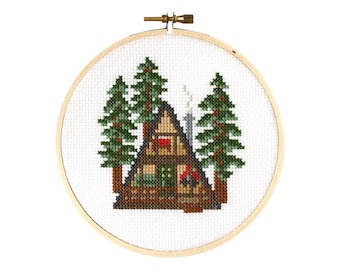 A-Frame Cabin in the Woods Cross Stitch Pattern