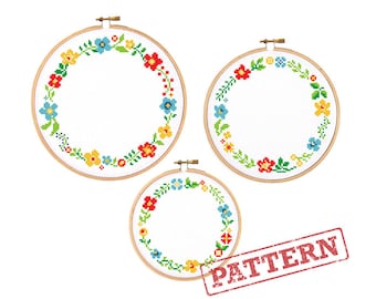 Floral Circle Border Trio Cross Stitch Patterns - Set of 3 Cross Stitch Patterns