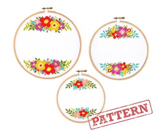 Floral Ornaments Cross Stitch Patterns - Set of 3 Flower Wreath Border Cross Stitch Patterns