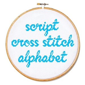 Può includere: Un telaio da ricamo a punto croce con le parole "script cross stitch alphabet" in blu turchese. Il testo è ricamato su tessuto bianco, incorniciato da un cerchio di legno.
