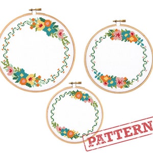 Vine Floral Border Cross Stitch Patterns - Set of 3 Cross Stitch Flower Circle Borders