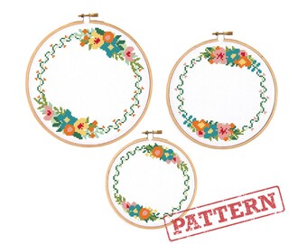 Vine Floral Border Cross Stitch Patterns - Set of 3 Cross Stitch Flower Circle Borders