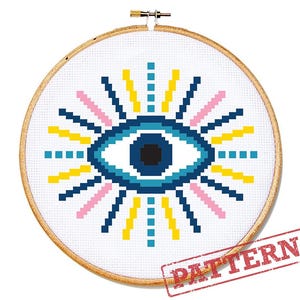 Könnte beinhalten: Ein Kreuzstichmuster mit einem blauen bösen Auge, von dem gelbe und rosa Strahlen nach außen strahlen. Das Muster ist auf weißem Hintergrund und in einem Holzreifen gerahmt.