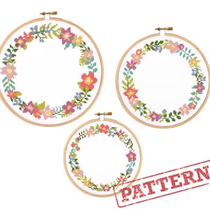 Modern Floral Border Cross Stitch Patterns - Set of 3 Muted Color Floral Wreath Cross Stitch Patterns