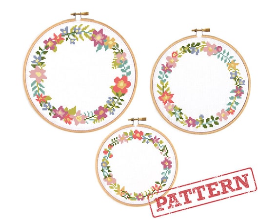 Modern Floral Border Cross Stitch Patterns - Set of 3 Muted Color Floral Wreath Cross Stitch Patterns