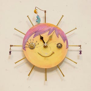 Smile Wall Clock (One of a Kind) — Dancing Building and Sunrise-Dyed Hair with Amethyst Earrings